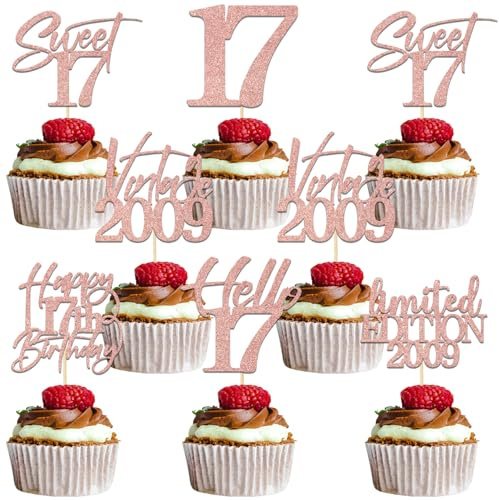 24Pcs Sweet 17 Cupcake Topper - Cheer 17 Years Old Party Decoration - Happy 17th Birthday Cake Decoration Rose Gold Glitter