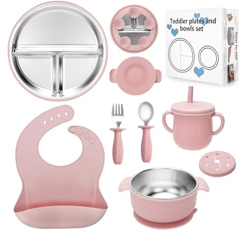 CLDY Set di 8 stoviglie per bambini, con piatto in acciaio inox, ciotola per bambini, bavaglini in silicone, con ventosa in silicone rimovibile, senza BPA, a prova di perdite, lavabile in