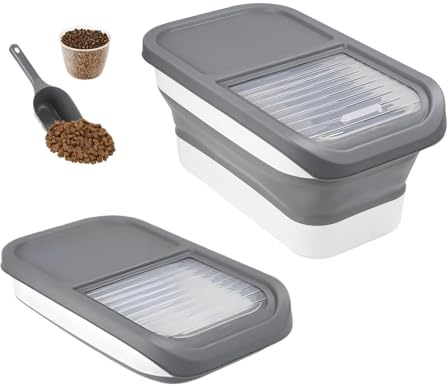 Druuzyl Conteneur à Croquettes pour Chien/Chat 10KG - Boîte de Stockage Pliable avec Cuillère et Tasse à Mesurer, Gris, Seau Hermétique pour Nourriture et Friandises Animaux