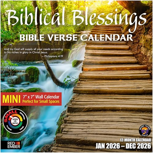 RED EMBER Christian Mini Wall Calendar 2026 | Biblical Blessings with Bible Verses | 12 Month | 7 x 14 Open | Thick & Sturdy Paper | Holiday Gift | Religious Scripture Christian Calendar 2026