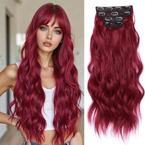 JIAMEISI Clip in Haarverlängerungen, 4Pcs 56cm Vollkopf Lange Gewellte Extensions für Frauen Natürliches Clip-In Haarextension Weich Synthetische lockige Haarteil Dunkelrot 200g (#850A)