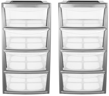 simpa Mini Plastic 4 Drawer Tower Storage Unit - Silver Gloss Finish, Set of 2 Units - 40cm (H) x 19cm (W) x 25.5cm (D)