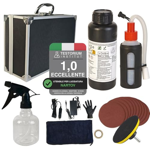Nartov Polimero Liquido Fari Kit 710 g,Kit Lucidatura Fari Auto per Trattare Fari Opachi e Oscurati, Set Lucida fari Auto opachi Ingialliti. Include Carta Abrasiva e Valigetta Portaoggetti
