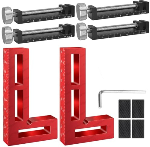 Go Fast Tools™ - Corner Clamps for Woodworking - Durable & Versatile 90 Degree Right Angle Clamps, Pack 2 x 4 Aluminum Positioning Squares with 4 C-Clamps for Cabinets, Frames, and Drawers