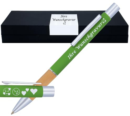 Juwelier Schönschmied Kugelschreiber mit Gravur | Bambusgriffzone | Blau schreibend | Kugelschreiber personalisiert | Wunschgravur mit Symbolen möglich | mit Geschenkverpackung | 5 Farben (Grün)