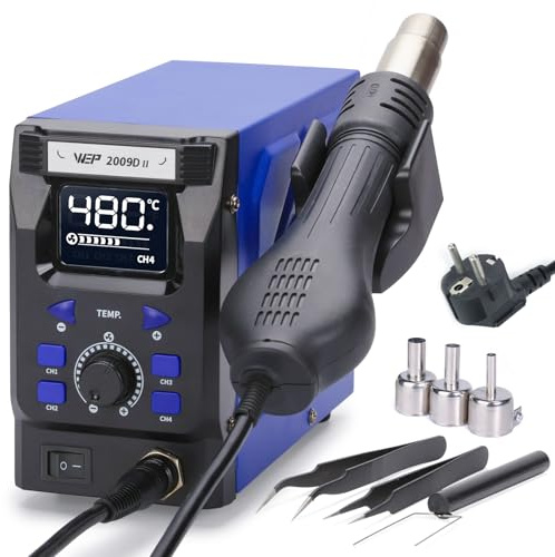 WEP 2009D-II Soldador Aire Caliente Estacion de soldadura con pistola desmontable, 4 canales preestablecidos, pantalla LED digital, temperatura ajustable 100-480℃, estabilización PID (EU)