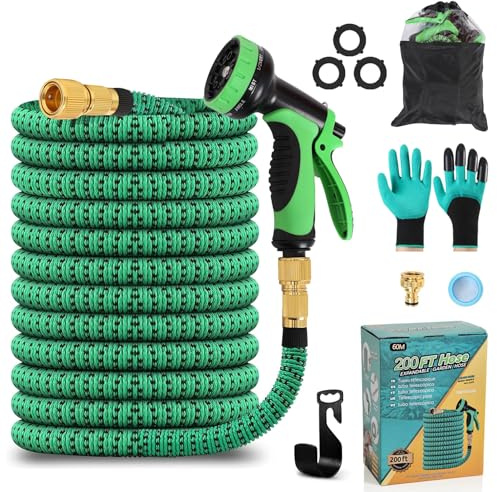 sapisecret Flexibler Gartenschlauch 60m mit Automatik-Einzug, 10 Funktionen | Hochdicht gewebtes TPE, Metallanschluss und 6-in-1 Zubehörset mit Handschuhen; auslaufsicher für Garten, Terrasse und Auto