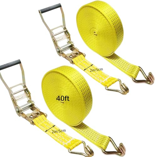 Ratchet Straps Heavy Duty, 8000 LBS Break Strength Ratchet Strap Tie Down, 2” x 40ft Yellow Tie-Down Ratcheting Cargo Truck Straps with Durable Double J Hook for for Truck (YELLOW, 2IN X 40FT X 2PACK)