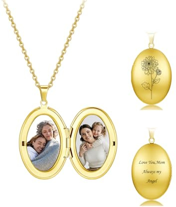 Jovivi Personalisierte Kette Foto Medaillon mit personalisiert Foto Text Geburtstagsblume Rund Medaillon zum Öffnen Bilder Photo Amulett Anhänger für Männer/Frauen Schmuck
