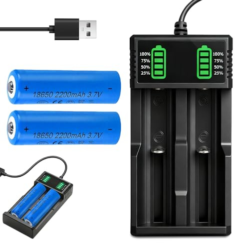 18650 Battery Charger Set with 2 Pack 2200mah 3.7V Battery Pointed, 18650 Rechargeable Battery, Dual Bay LCD Display Smart USB Battery Chargers for Flashlight, Small Fan, Radio