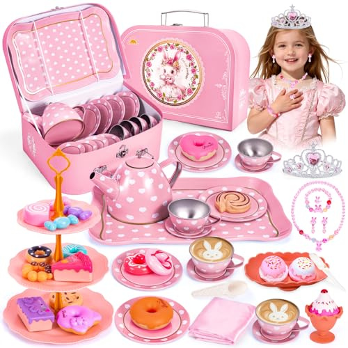 Hohosunlar Kids Tea Set for Toddlers, Princess Tea Party Toy for Children, Tin Tea Cups Set for Girls Teapot Dessert Kitchen Pretend Play with Carrying Case, Christmas Birthday Gift for Girls Age 3-8