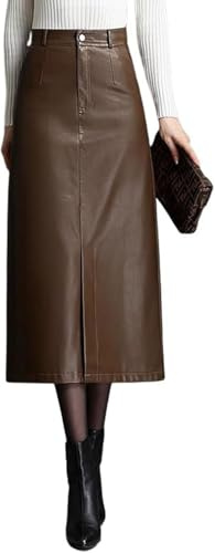 Lazutom Gonna da Donna a Vita Alta in Pelle PU Gonna Midi a Tubino a Matita con Spacco Frontale per Abiti da Ufficio Autunno Inverno, Marrone, S