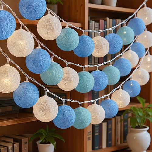 ALEGRE Lichterkette Baumwollkugeln,3M 20 LED Baumwollkugeln Lichterkette Kugeln,3,5cm Cotton Balls Lichterketten Innen,Blau Lichterketten Batteriebetrieben für Jungen Kinderzimmer,Hochzeit,Weihnachten
