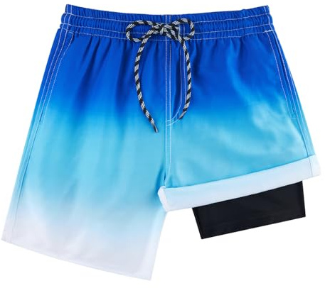 Fanient Boys Swimming Trunks with Compression Liner 2 in 1 Blue Swim Shorts for Kids Surfing Holiday 8-9 Years,8T