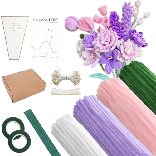 LIBAXIN 400 Stück Pfeifenreiniger Blumen Set, Pfeifenputzer Blumen Zum Basteln （4 Farben） Inklusive 20 Blütenstiele, Band, Staubgefäße und Straußverpackung für Blumenstrauß DIY Hellviolett