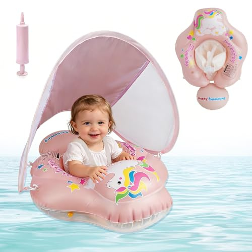 KBIBCK Salvagente Neonato con Parasole e Seggiolino di Sicurezza, Ciambella Neonato 12-36 Mesi, Baby Pool Float, Piscina Salvagente Bambini Gonfiabile UPF50+ Protezione UV