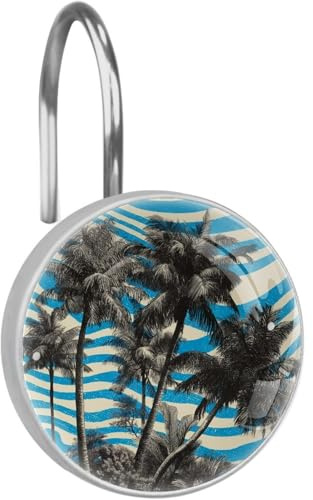 Tropical Plant Trees Shower Curtain Hooks 12Pcs, Rust Proof Decorative Shower Hooks for Bathroom, Decorative Shower Curtain Hanger Rings Roller, Stainless Steel, Crystal Glass