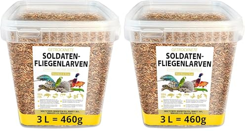 Soldatenfliegenlarven getrocknet 460g (entspricht 3 Litern), Black Soldier Flys, Vogelfutter, Igelfutter mit Insekten, Fischfutter, proteinreicher Snack für Reptilien und Schildkröten (Packung mit 2)