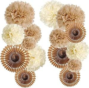 Party Deko Braun Beige Neutral Pompons Set Papier Fächer Hochzeit Boho Geburtstagsdeko Vintage Hochzeitsdeko Blumen Wabenbälle Dekoration für JGA Frauen Babyparty Girlande Creme Weiß Gold Papierblumen