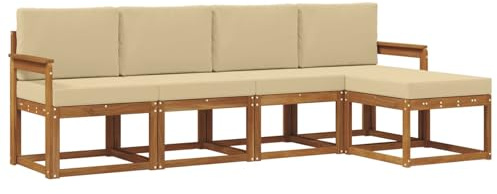 HETFTJN Outdoor-Sofagarnitur 5-teilig, Lounge-Set aus Massivholz Akazie, Gartensofa mit Kissen in Beige, Lamellen-Design für Terrasse & Garten, 249 x 122,5 x 73 cm