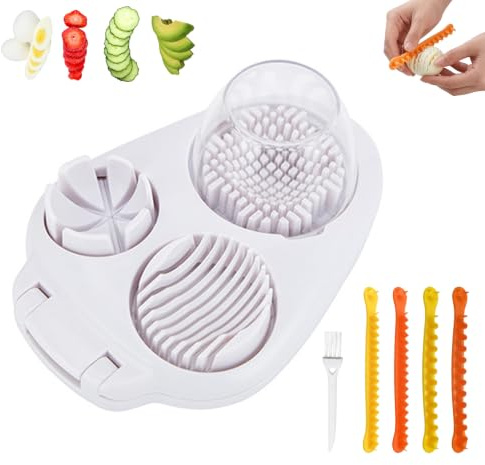 6 PCS Egg Slicer for Boiled Eggs, Kitchen Set with Patterned Cutters and Brush, Efficient Meal Prep for Lunches and Healthy Snacks, White Design with Multiple Slicing Options