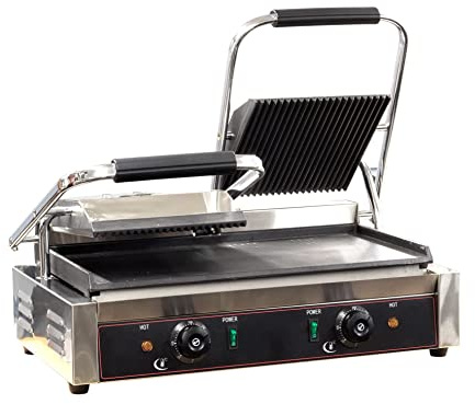 Chef-Hub Commercial Use Double Panini Grill Press Machine Electric Hotplate, Burgers, Toasties, Sausages Power 2X1.8Kw Heavy Duty Top Ribbed and Flat Bottom Heating Plates