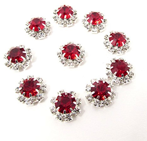 Syntego Runde Strassstein-Verzierung aus Kristall, 9 Diamanten mit großem Diamanten in der Mitte, 12 mm, wirklich funkelnd, Rot