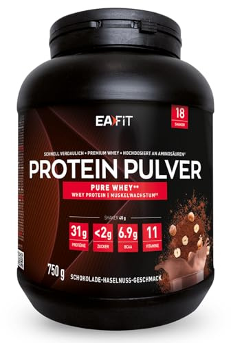 EAFIT Proteine in Polvere Whey 750 g Gusto Cioccolato Nocciola|31 g per Shaker Proteine |Whey Protein Concentrate e Isolate, BCAA + L-Glutammina + Taurina, Integratore per Massa Muscolare, 11 Vitamine