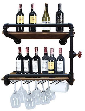 Industrial Wall Mounted Wine Racks with 4 Stem Glass Holder,24in Rustic Metal Hanging Wine Holder Glass Rack,2-Tiers Floating Bar Shelves Bottle Holder Storage Shelves,Wood Shelves Wall Shelf