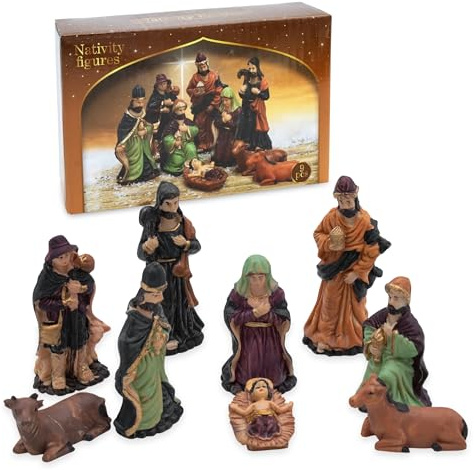 Spetebo Weihnachtskrippe Figuren 9er Set - Größe L / 4,5 cm bis 11 cm - 9 detailgetreue Krippen Figuren - Weihnachten Tisch Dekoration Krippe Zubehör