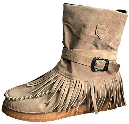 Stiefel Frauen Mode Casual Round Toe Retro Fransen Short Ankle Flat Schuhe (36,1Braun)