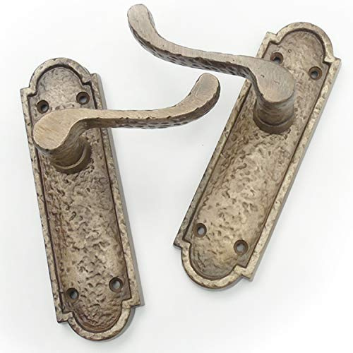 Jones & Grey Pair of Antique Brass Finish Cast Iron Hammered Scroll Lever Door Handles on Back Plate