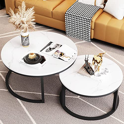 YNITJH Rund Couchtisch Satztische Fürs Wohnzimmer,Hochwertiger Kaffeetische Satz Metall Couch Beistelltisch Moderner Nordischen Teetisch minimalistisch,Einfache Montage,2er Set,Schwarz+weiß