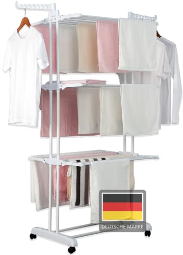 NYVI Wäscheständer LaundryFlex Weiß - Wäschetrockner Turm mit Extra Viel Platz auf 6 Ebenen - Mobil, Flexibel, Ausziehbar - Wäscheturm aus Pulverbeschichtetem Stahl & Kunststoff