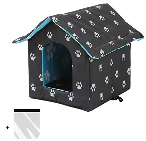 Katzenhaus Outdoor, Katzenhöhle für Draußen, Katzenhaus Für Draußen Winterfest Wasserdicht, Kombiniert isolierte Aluminiumfolie Mit abnehmbarem Transparentem Vorhang (M, Black)