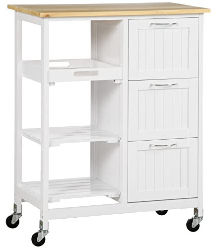 HOMCOM Küchenwagen Servierwagen mit 3 Schubladen, Küchenrollwagen mit 3 Ebenen, Aufbewahrungswagen mit Arbeitsplatte, für Küche, Weiß, 67 x 37 x 85 cm