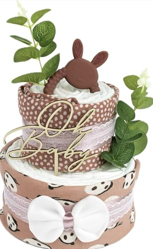 Windeltorte Mädchen Rosa mit Beißring - Baby Geschenk - Babyaccessoires Eukalyptusblätter und Deko - Oh Baby Holzdeko - Geschenk für Babyshower Gender-Reveal Taufe