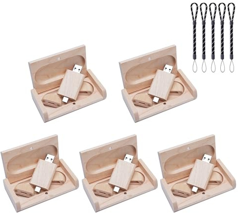 Meiyuexiang 5 chiavette USB C da 16 GB, chiavetta USB 3.0 ad alta velocità, tipo C, doppia OTG, scatola in legno d'acero, per TV, auto, smartphone, PC, laptop…