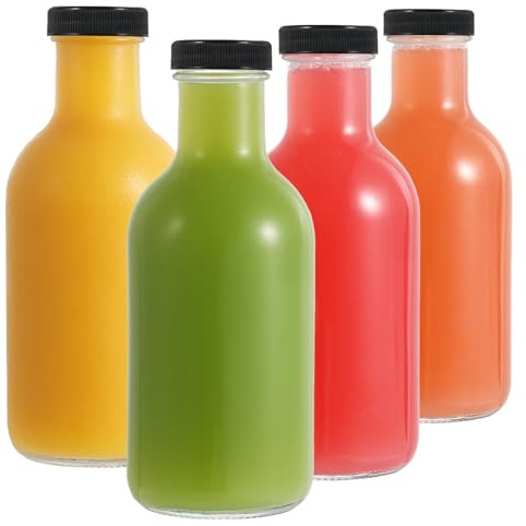 LIMILI Glass Juice Bottles, 4 Pack 500ml Reusable Glass Bottles with Lids, Clear Glass Drinking Bottles for Homemade Beverages, Picnics, Travel, School
