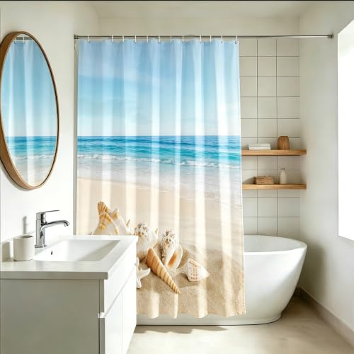 YISURE Duschvorhang badewanne 200x220 Ozean Strand Meer für Badezimmer | Welle Seesterne Muscheln Wasserabweisender Badvorhang aus Polyester Textil waschbar, Breite 200 x Höhe 220cm