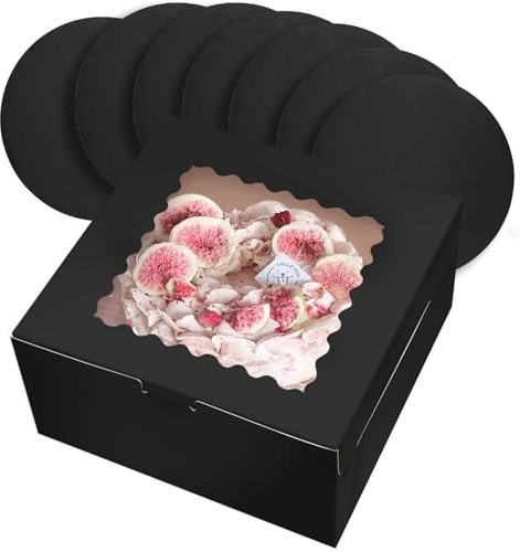 Gcardist 25,4x25,4x12,7cm Kuchenbox, 5 Sets Schwarz Tortenkarton mit Fenster & 5 Sets 25,4cm Schwarz Kuchenrunde Bretter, 25,4 cm Kuchenbehälter (10x10x5 inch)