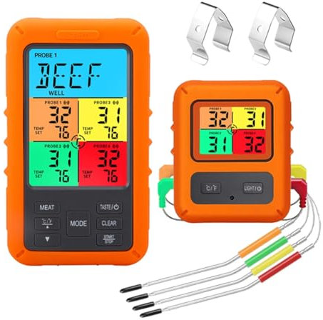 iFutniew Digital Barbecue Meat Thermometer for Oven Thermomet with Timer 4 Probes Temperature Alarm Kitchen Thermometer(B) Easy Install Easy to Use