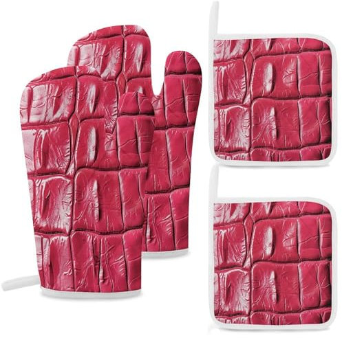 Lot de 4 gants de cuisine et maniques résistants à la chaleur - Gants de cuisine et coussinets chauds - Texture cuir rouge - Maniques antidérapantes et imperméables pour la pâtisserie, la cuisine, le