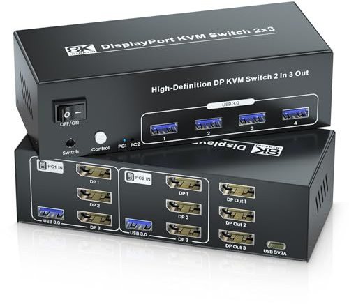 8K60Hz 4K120Hz Displayport KVM Switch 3 Monitors 2 Computers, USB 3.0 DP KVM Switch for 2 Computers Share 1 Set of Keyboard, Mouse, Printer and 3 Monitors, 4 Port USB 3.0 for Peripheral Sharing