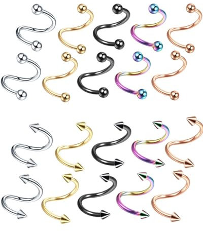 KGDUYC 10 Paare S Form Chirurgenstahl Spirale Lippenpiercing Ohrstecker 16G Augenbrauen Septum Banane Curved Barbell 8mm Helix Cartilage 12mm, 5 Farben