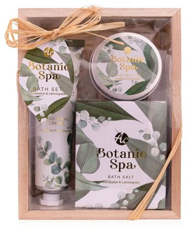 Accentra Set da bagno da donna BOTANIC SPA in bella confezione regalo – Set di 3 pezzi con crema per le mani, burro per il corpo e sali da bagno – Set regalo per San Valentino e festa della mamma