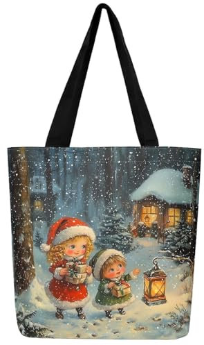 Loussiesd Vintage Weihnachts Frauen Leinwand Einkaufstasche Frohe Weihnachten Stofftasche für Strand Einkaufen Weihnachten Schlafzimmer Schneeflocke Einkaufsbeutel Weihnachts Modeation Tragetasche