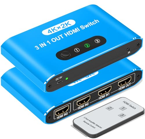 HDMI Switch 3 In 1 Out, 4K@60Hz HDMI Switcher Selector with Remote Control, Supports 4K 3D HD Monitor, Compatible with Laptop/PC/DVD Blu-Ray/PS5/PS4/Xbox/HDTV/Roku TV PC and More(Blue)