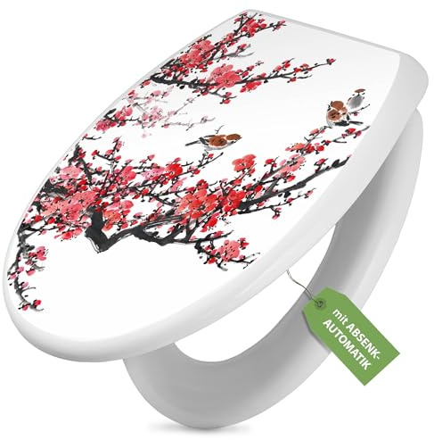 banjado Toilettendeckel mit Absenkautomatik 44,5x37cm - Soft Close Toilettensitz - WC Sitz mit Absenkautomatik - Klodeckel aus Duroplast mit Edelstahl Scharnieren, einfache Montage - Motiv Japanische