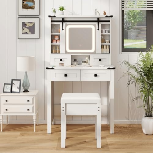 COSTWAY Schminktisch mit LED-Beleuchtung, 3 Farben mit Einstellbarer Helligkeit, Frisiertisch mit Hocker, 4 Schubladen & verstellbare Ablageflächen, Kosmetiktisch mit Schiebespiegel, weiß